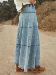 Button-Front Tiered Maxi Denim Skirt 