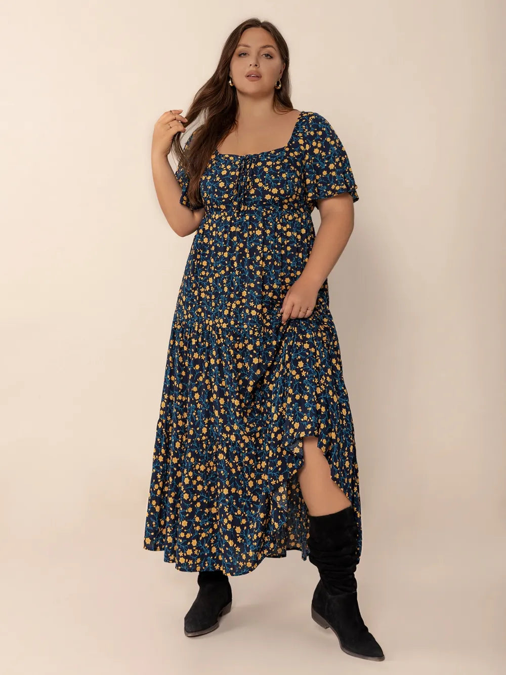 Plus Size Printed Short Sleeve Slit Tiered Maxi Dress 