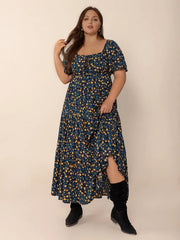 Plus Size Printed Short Sleeve Slit Tiered Maxi Dress 