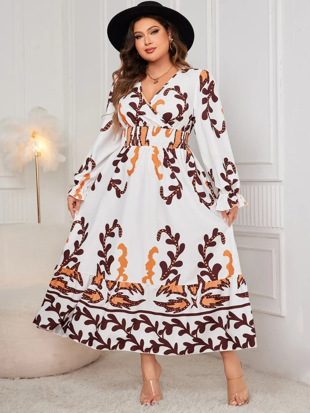 Honey Plus Size Printed Surplice Flounce Sleeve Dress 