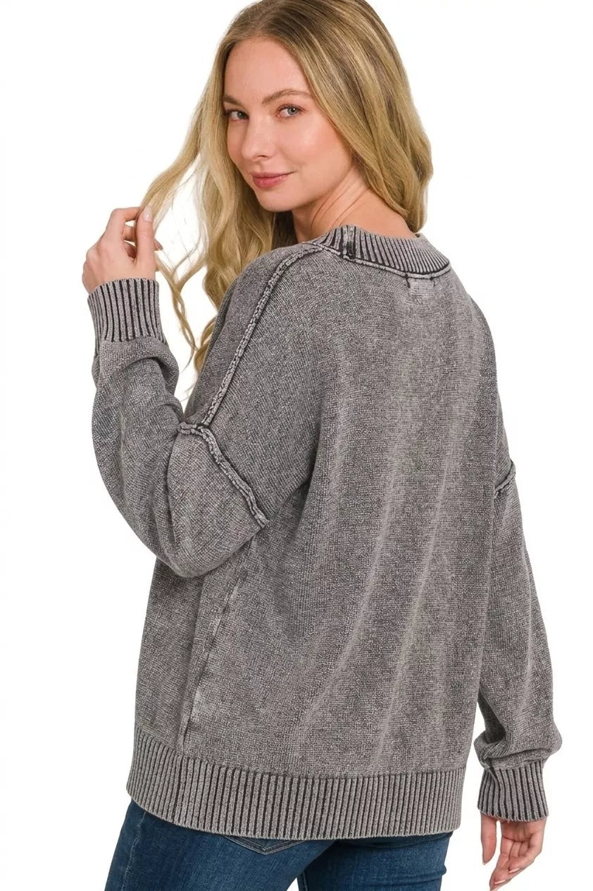 Zenana Washed Deep V-neck Oversized Sweater 