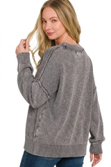 Zenana Washed Deep V-neck Oversized Sweater 