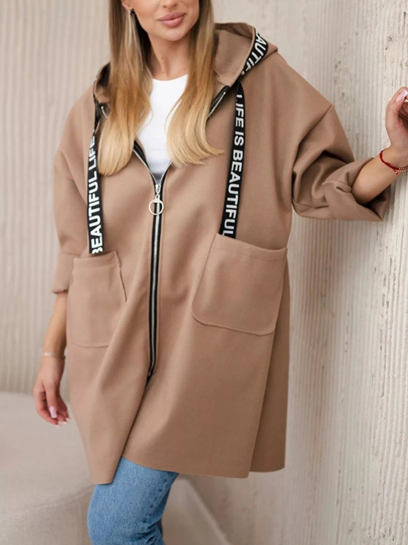 Full Size Hooded Zip-Up Longline Outerwear Plus Size 