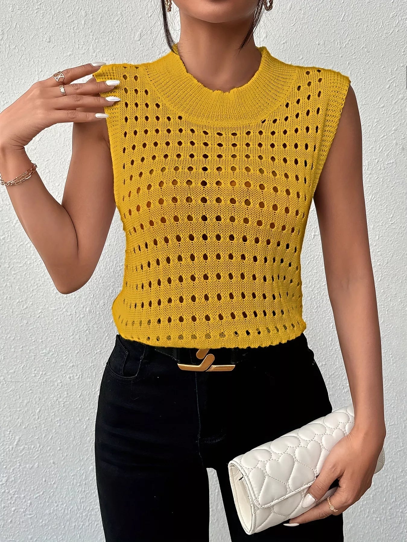 Hollow Out Round Neck Knit Tank 