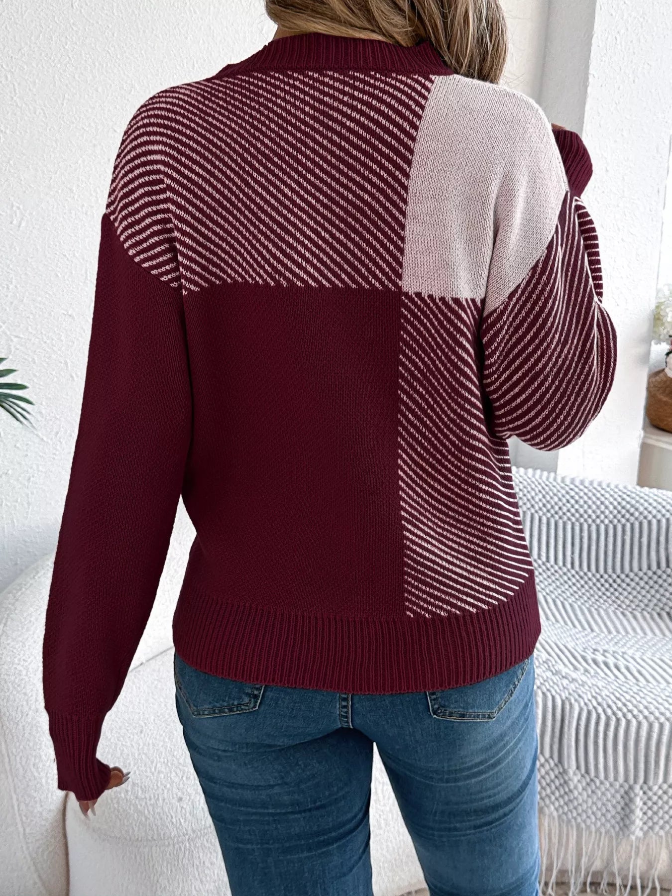 Color Block Striped Round Neck Sweater 