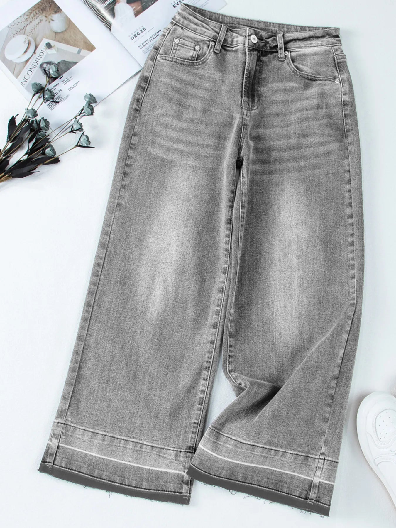 High Waist Wide Leg Washed Jeans 