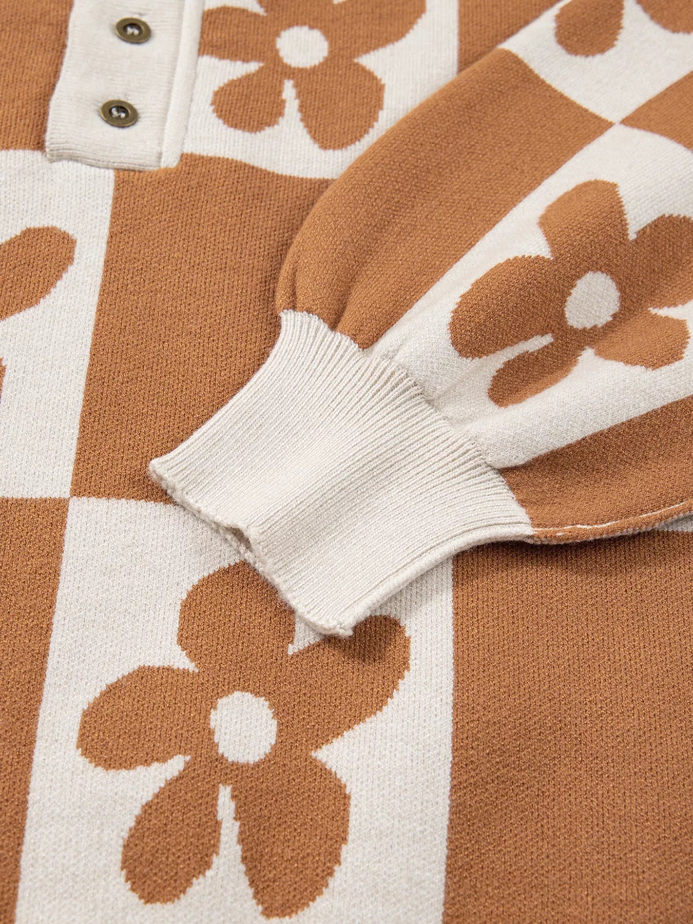 Flower Plaid Henley Baggy Sweater 