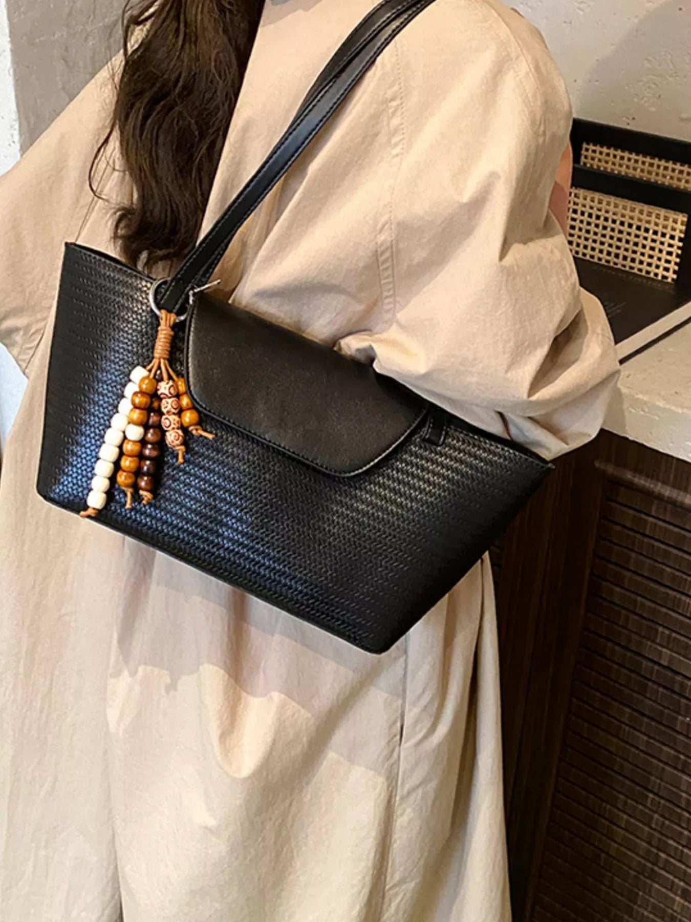Texture Tote Bag with Beaded Charm 