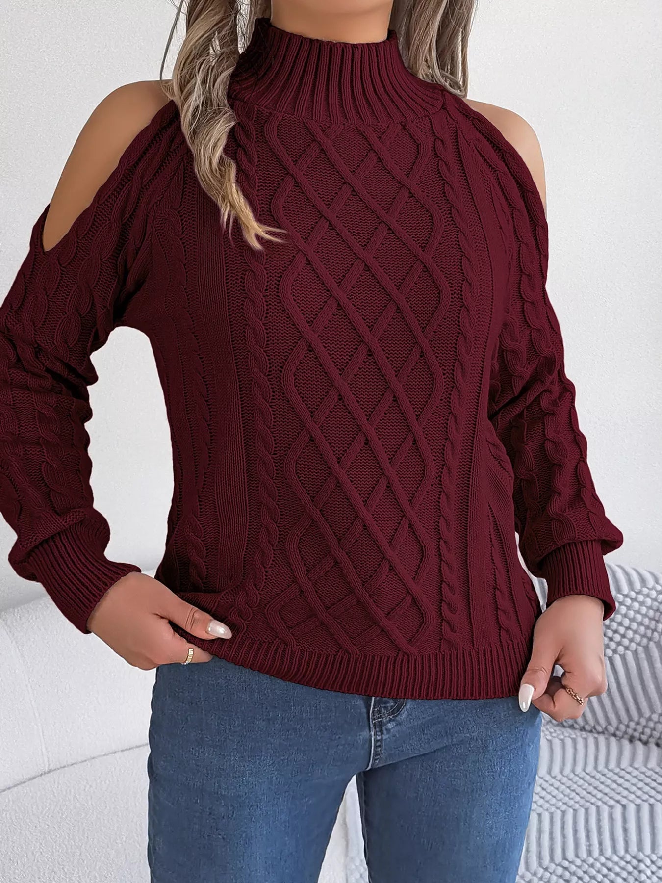 Cable Knit Cold Shoulder Turtleneck Sweater 