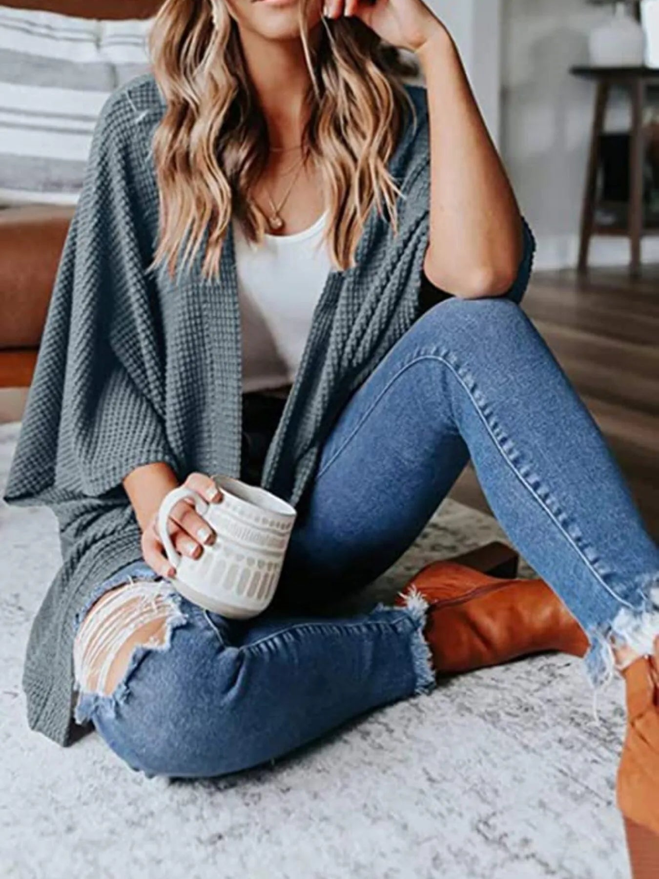 Full Size Open Front Waffle Knit Cardigan Plus Size 