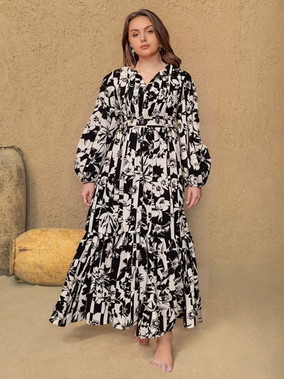 Plus Size Floral Print Balloon Sleeve Maxi Dress 
