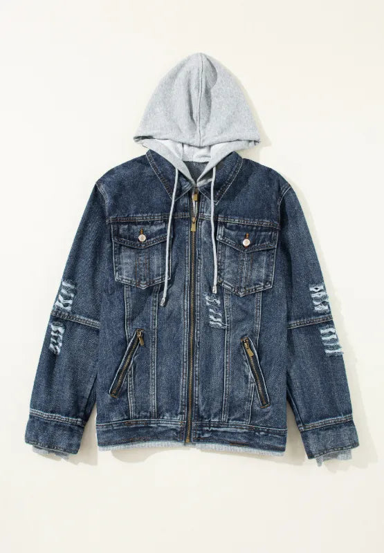 Fake Two-Piece Hooded Zip-Up Denim Jacket 