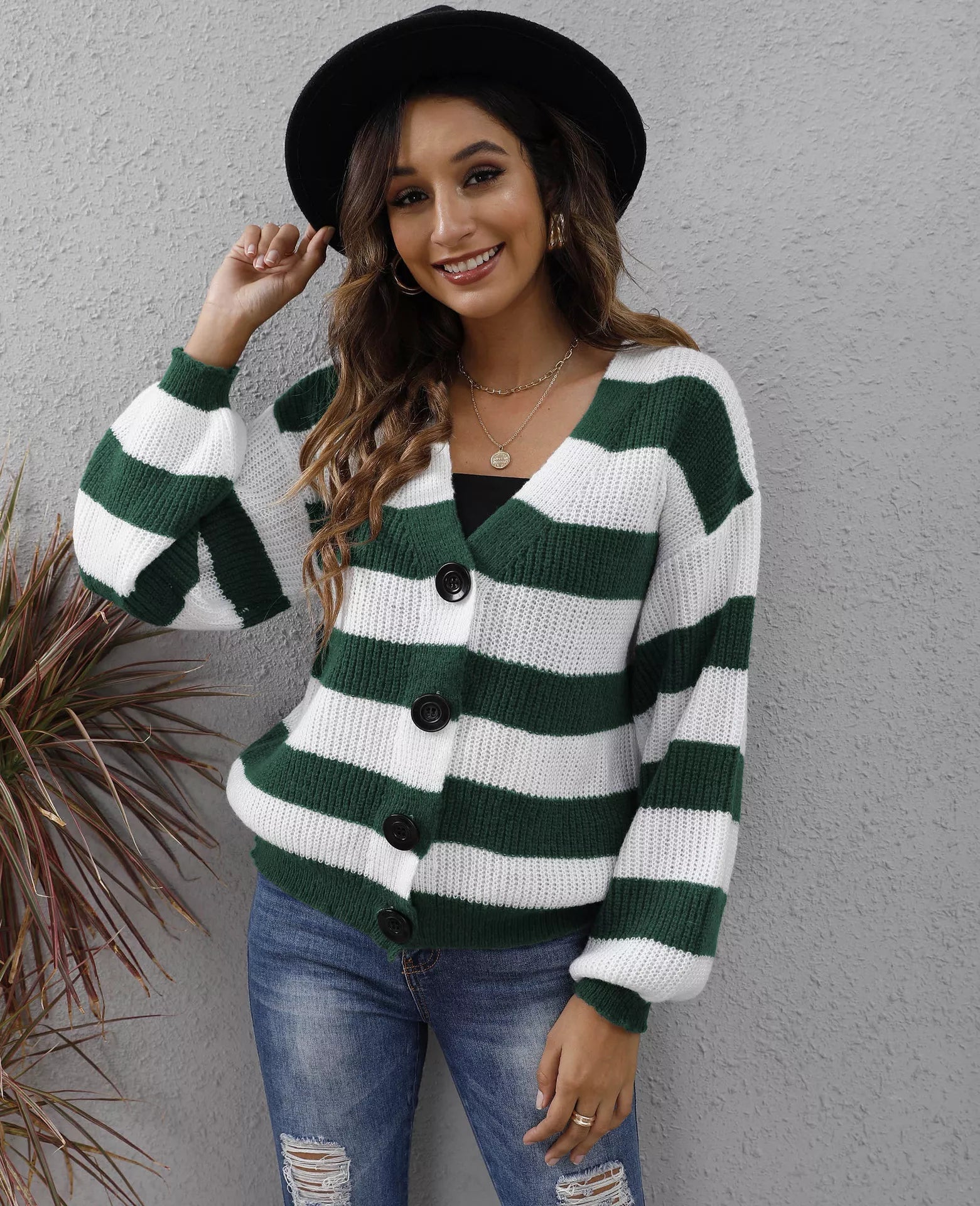 Striped Button-Up Long Sleeve Cardigan 