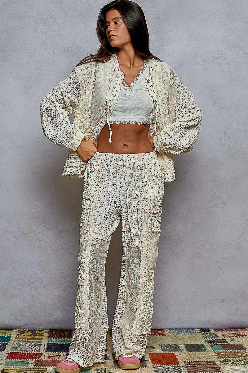 POL Floral Balloon Sleeve Hooded Lace Jacket with Stitch Detail 