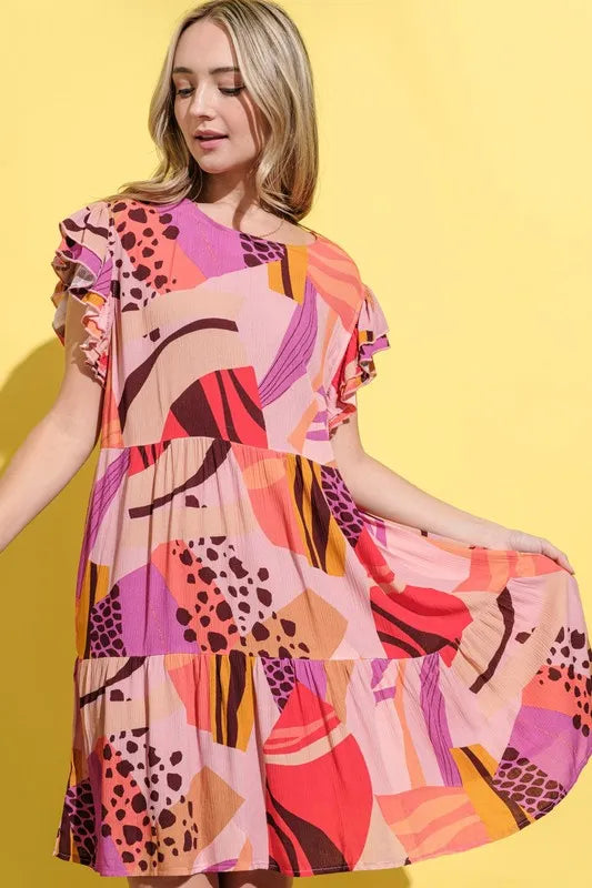 And The Why Printed Double Ruffles Sleeve Dress 