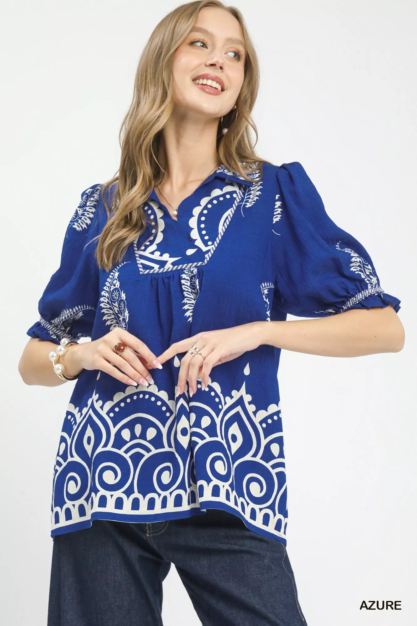 Umgee Printed Puff Sleeve Split Neck Top 
