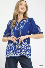 Umgee Printed Puff Sleeve Split Neck Top 