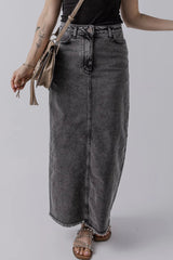 Raw Hem Midi Denim Skirt with Pockets 
