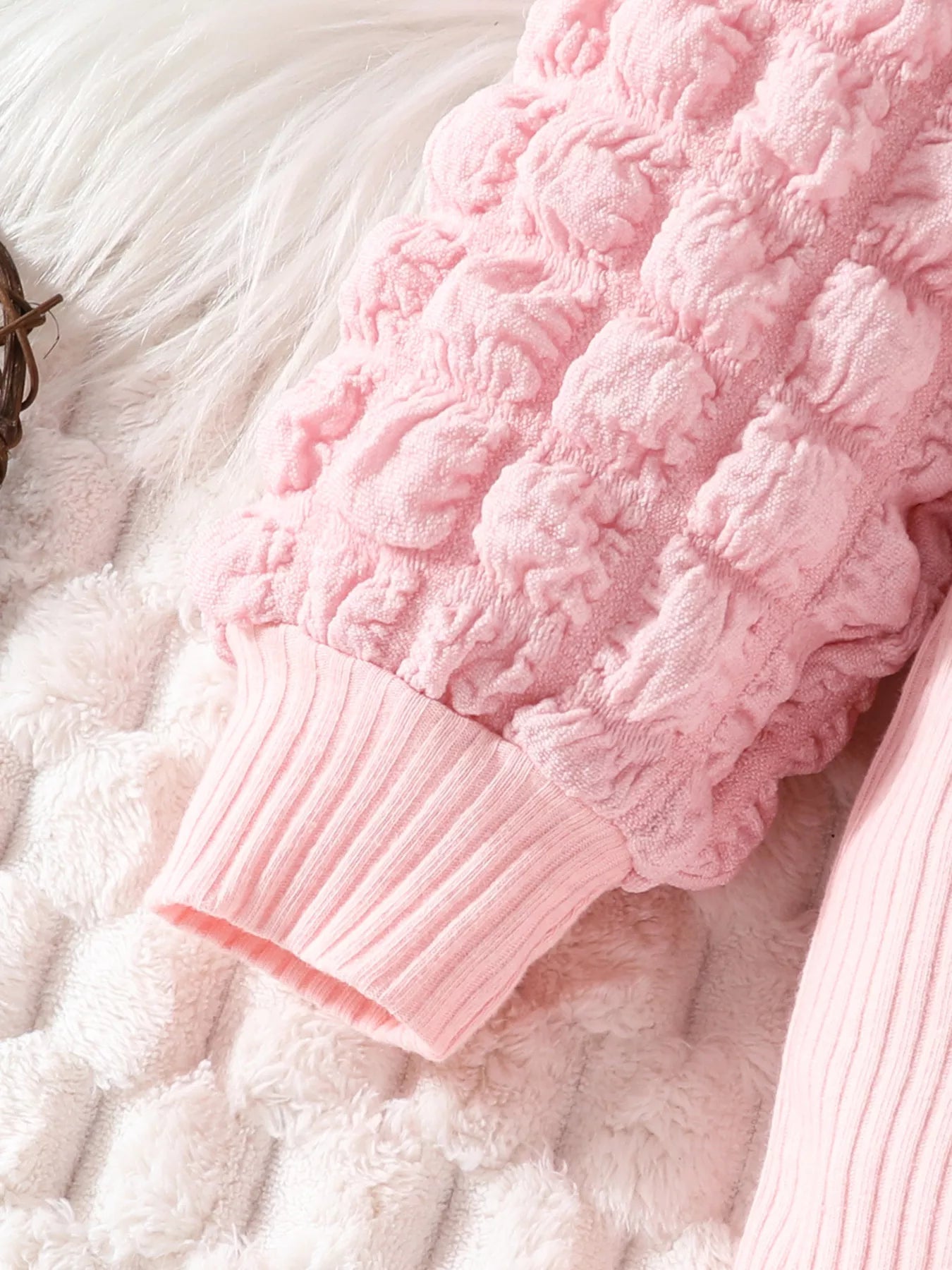 Children's Bubble Texture Long Sleeve Top and Pants Set with Headband 