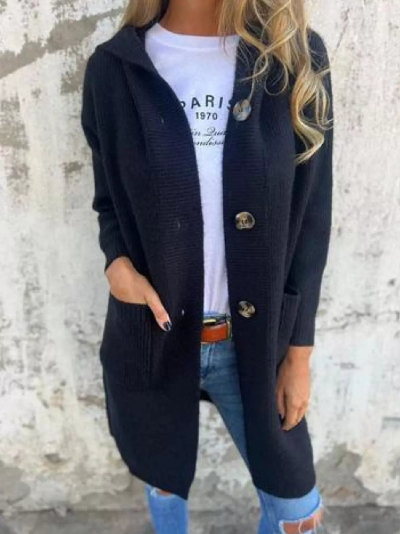 Full Size Button-Down Hooded Cardigan Plus Size 
