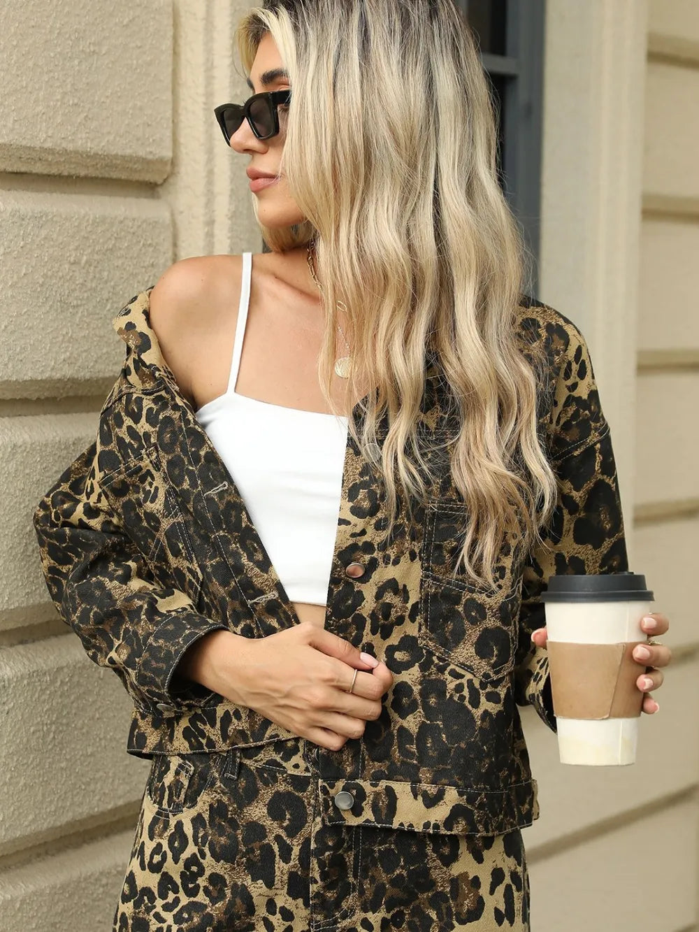 Pocketed Leopard Long Sleeve Denim Jacket 