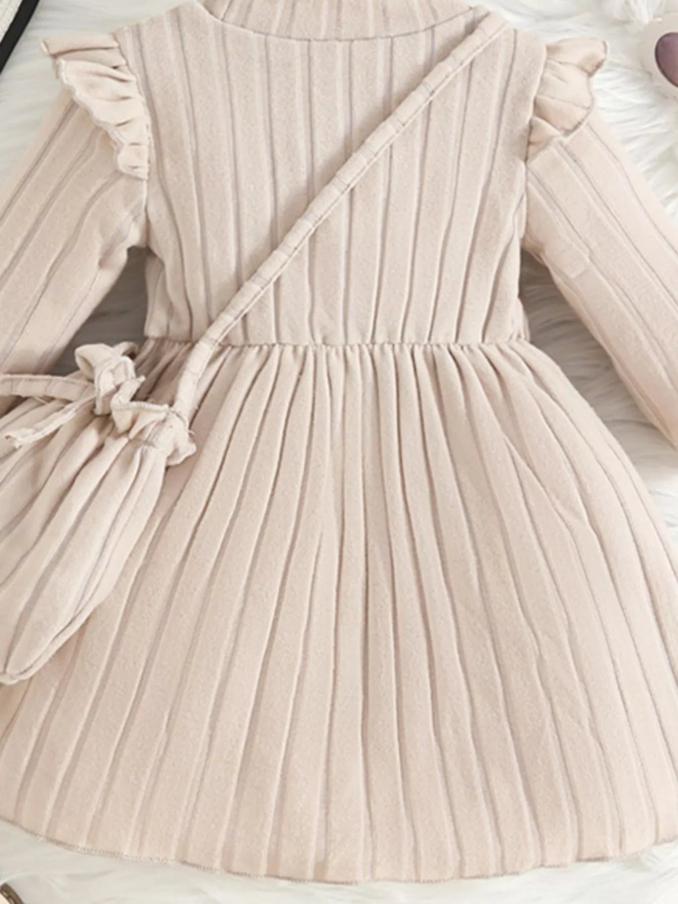 Children's Ribbed Knit Ruffle Trim Dress with Bag 
