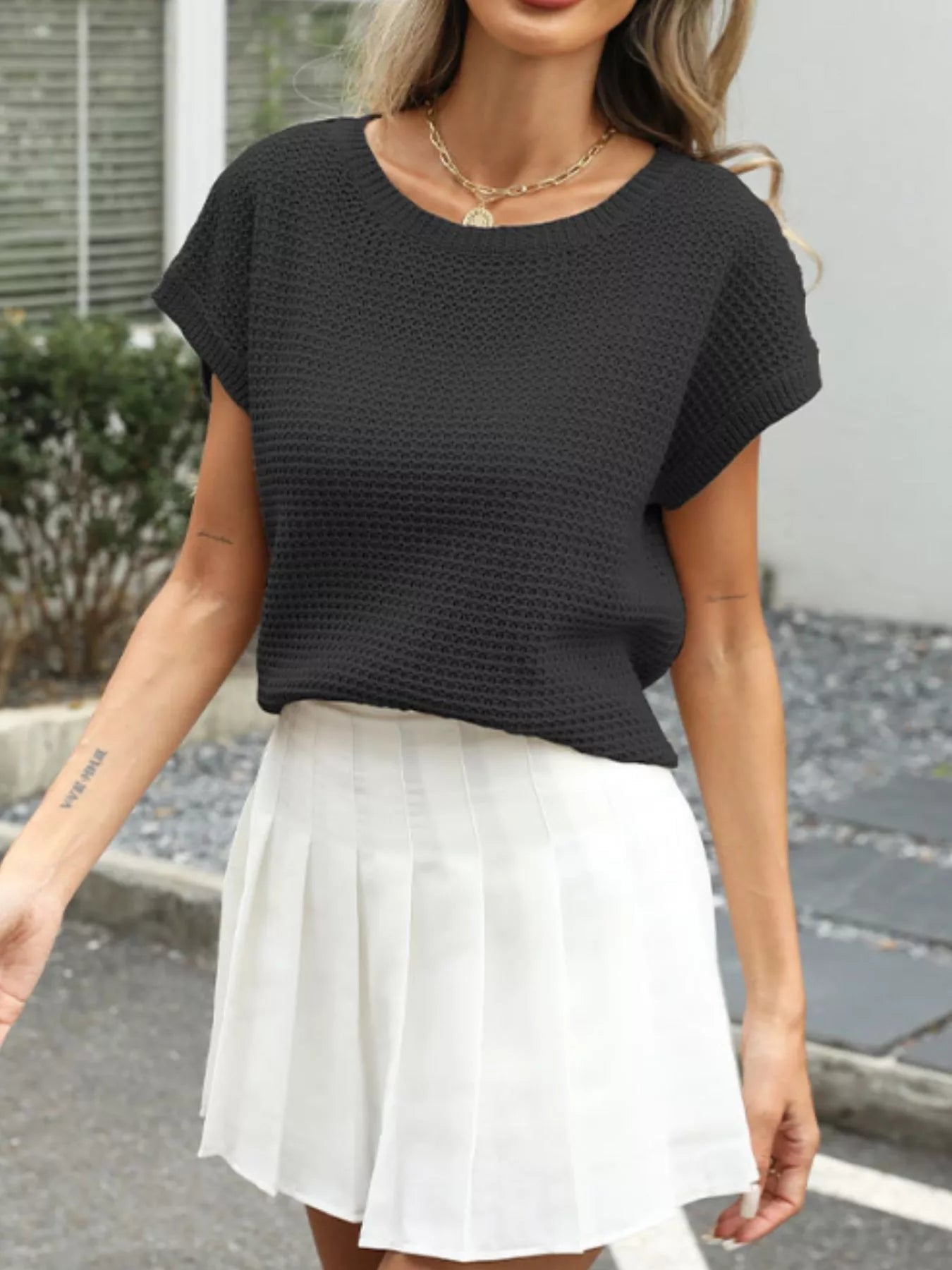 Round Neck Waffle Knit Top 