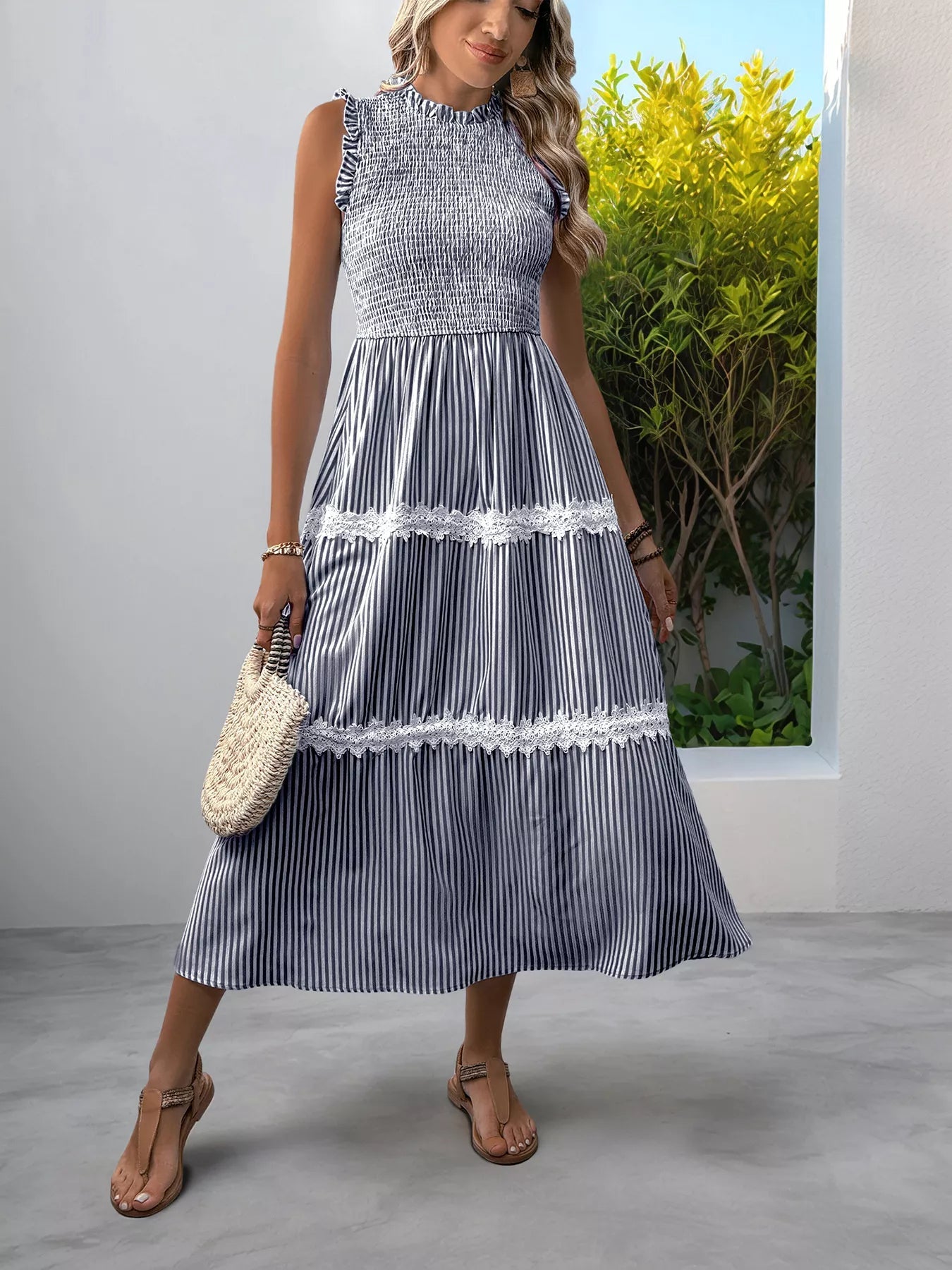 Smocked Striped Lace Trim Sleeveless Midi Dress 