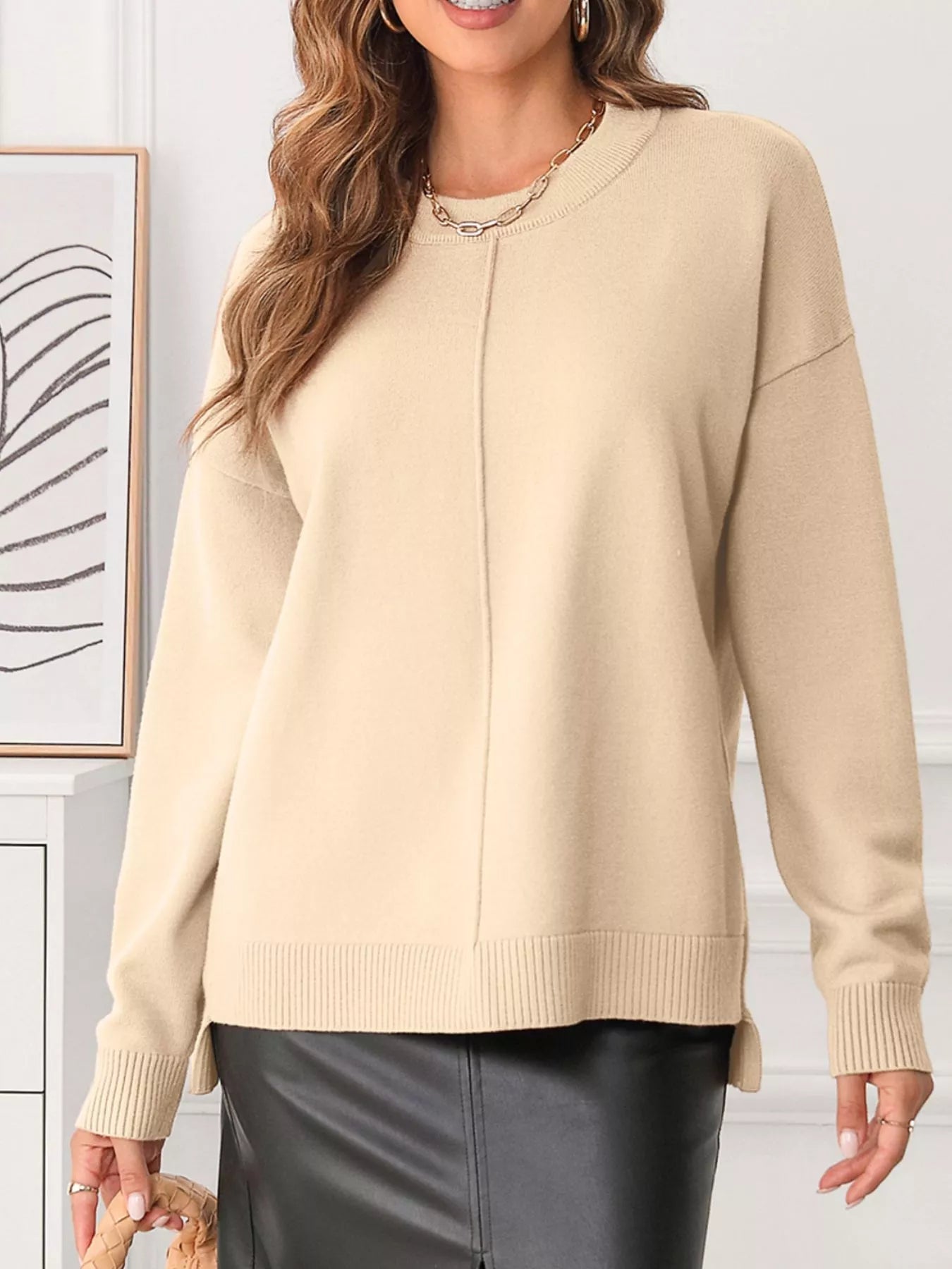 Front Center Seam Drop Shoulder Solid Sweater 