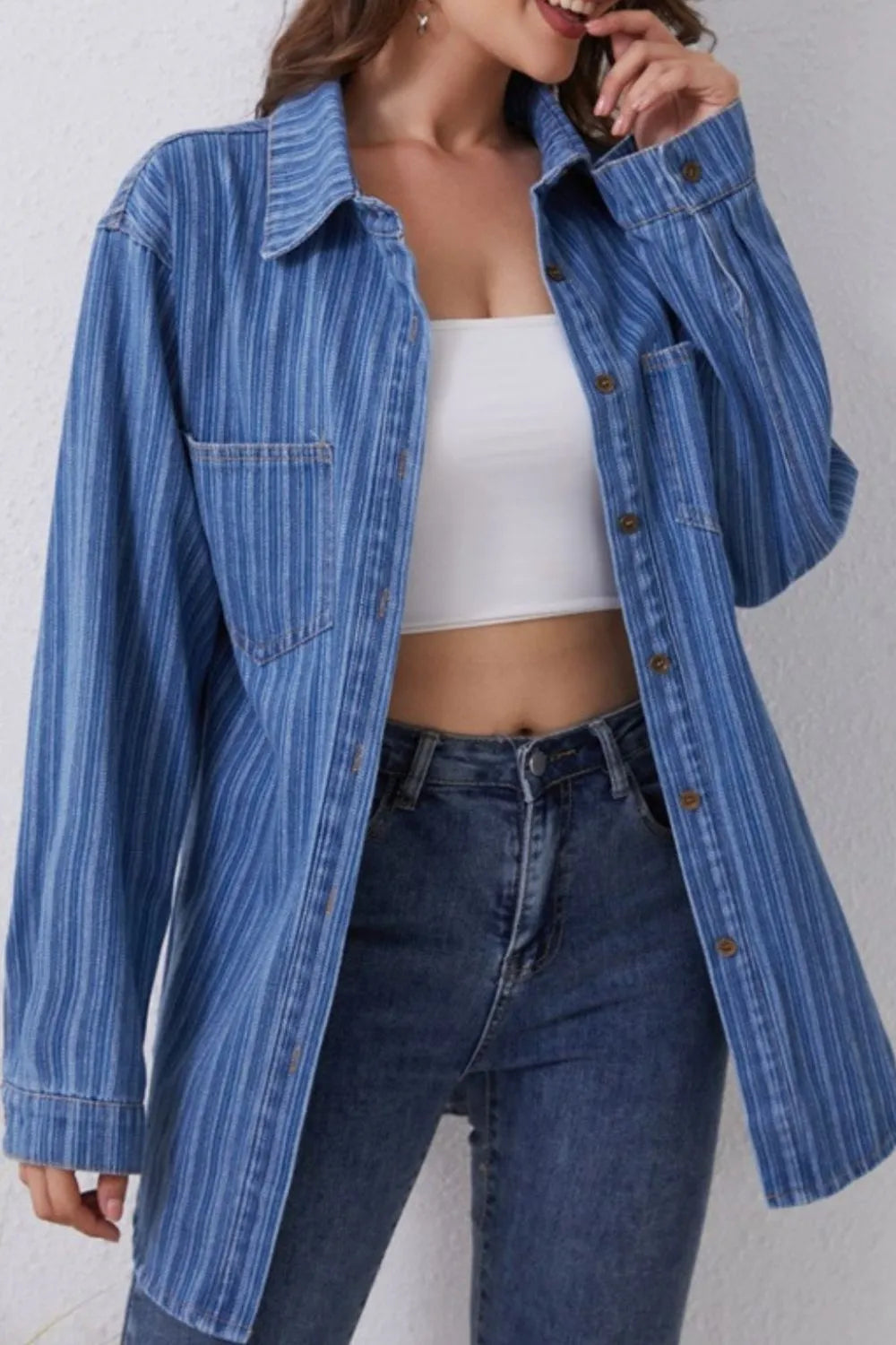 Striped Texture Collared Neck Denim Top 