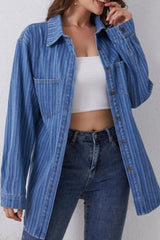 Striped Texture Collared Neck Denim Top 