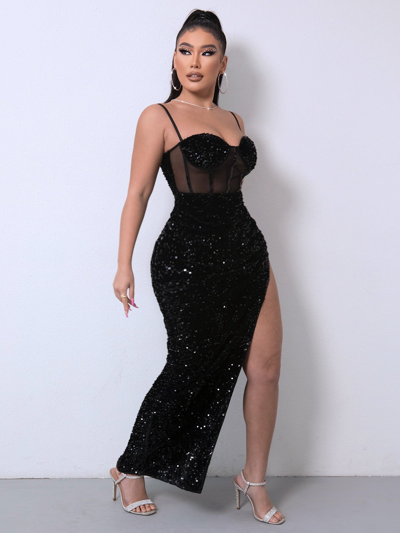 Sequin Spliced Mesh Adjustable Strap Dress 