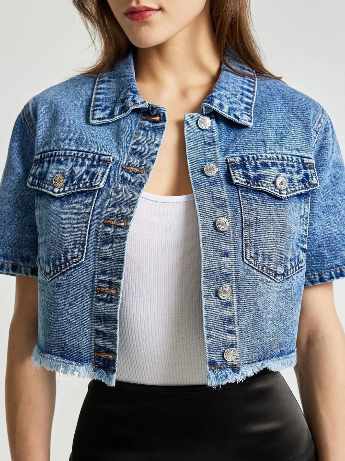 Cropped Short Sleeve Denim Jacket with Frayed Hem 