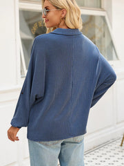 Oversized Twist Ribbed Collared Henley Top with Roll Up Sleeve 
