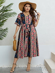 Honey Plus Size Bohemian V-Neck Tie Belt Midi Dress 
