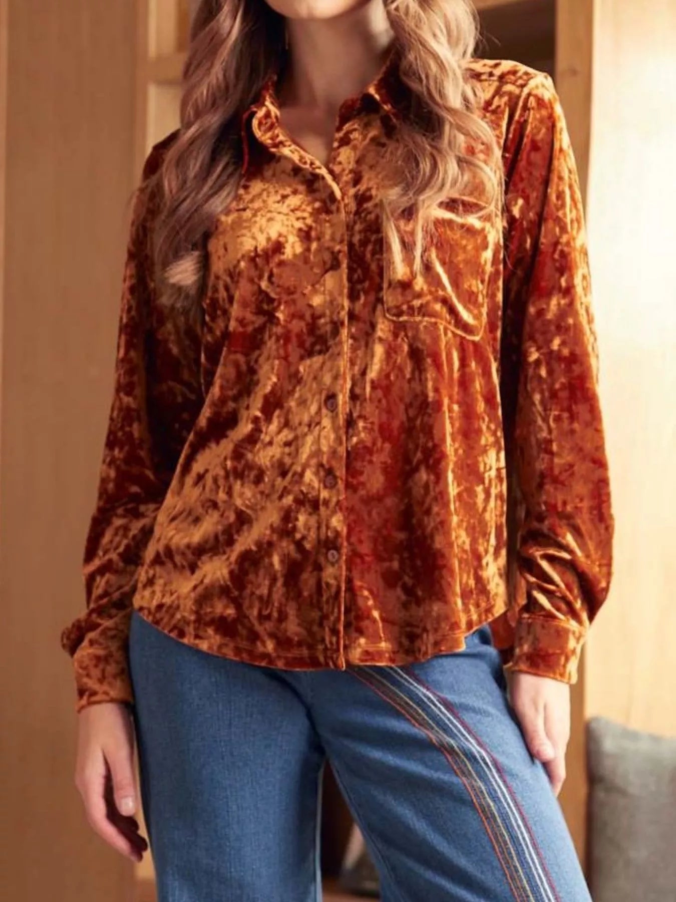 Velvet Button-Down Long Sleeve Shirt 