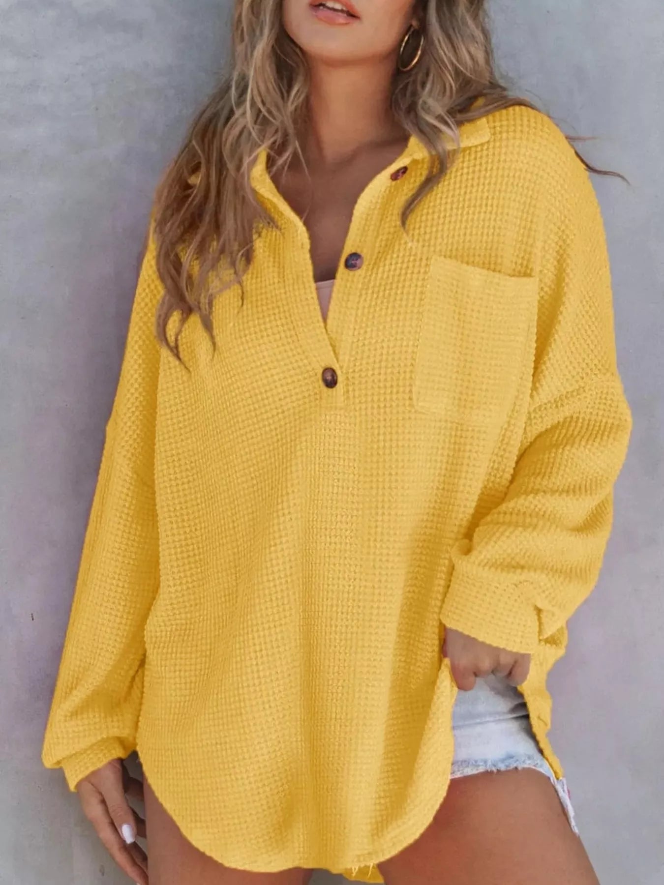 Casual Waffle Knit Button Detail Blouse 