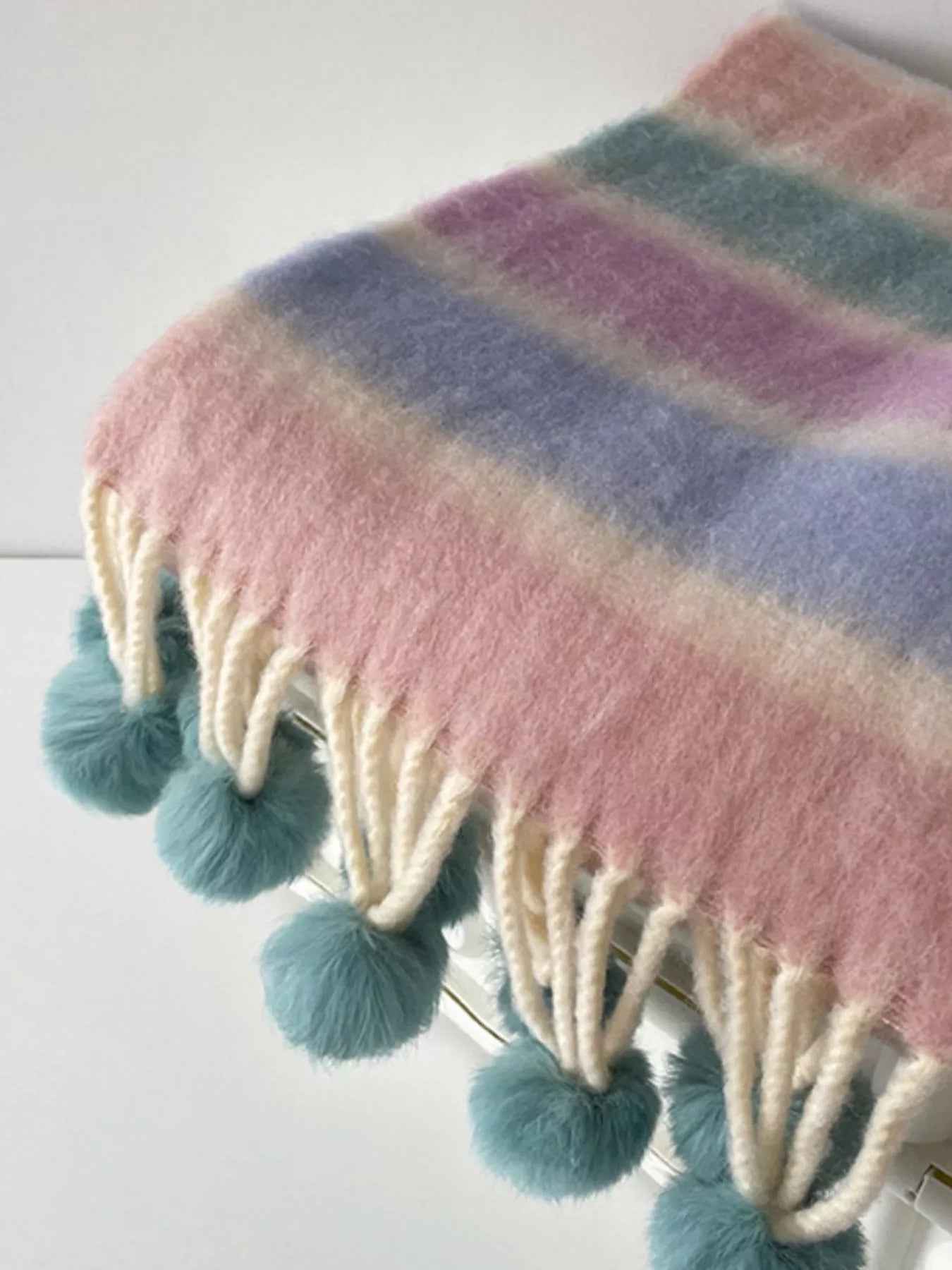 Rainbow Striped Fuzzy Scarf with Pom-Poms 
