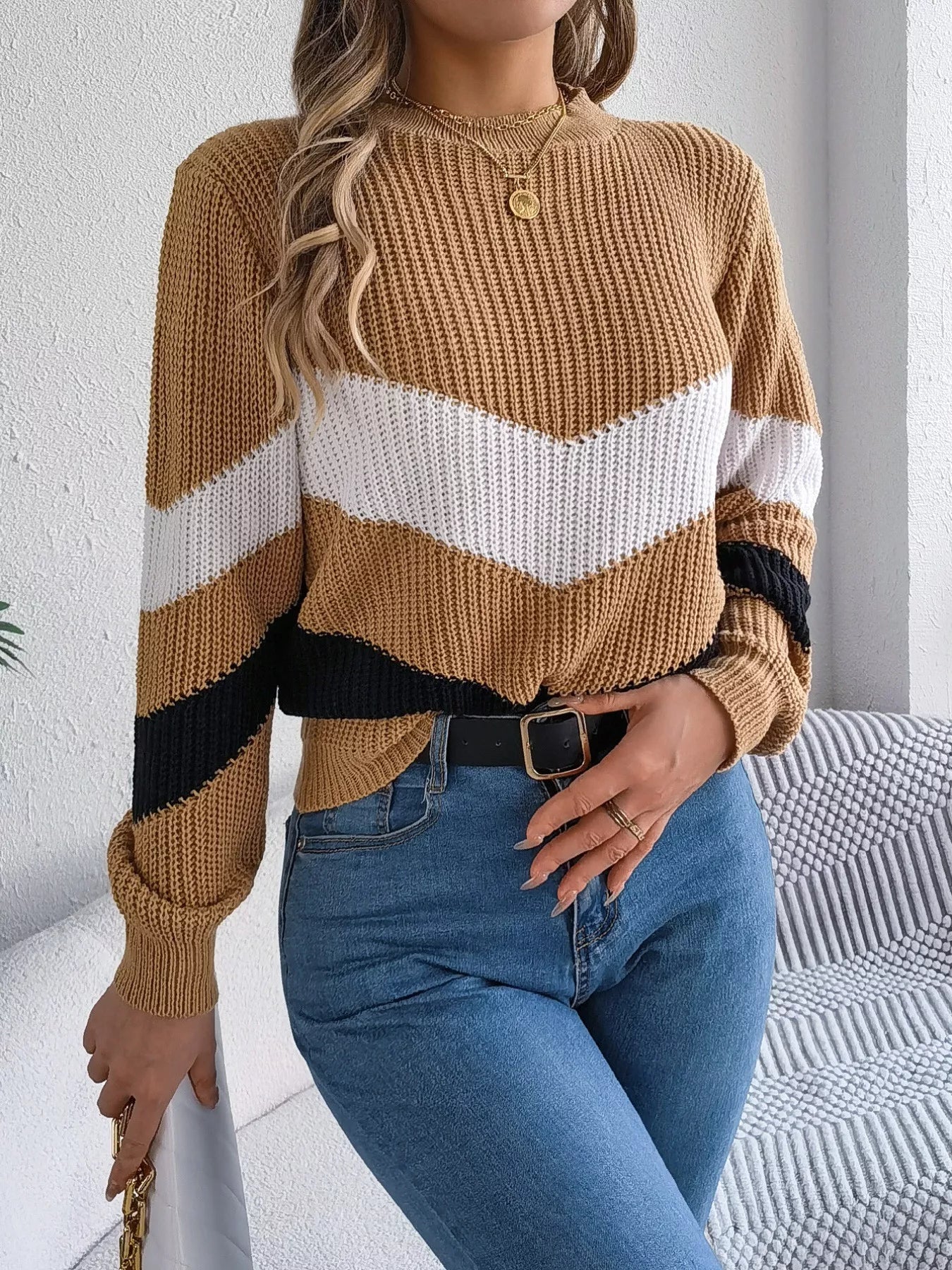 Chevron Stripe Color Block Round Neck Sweater 