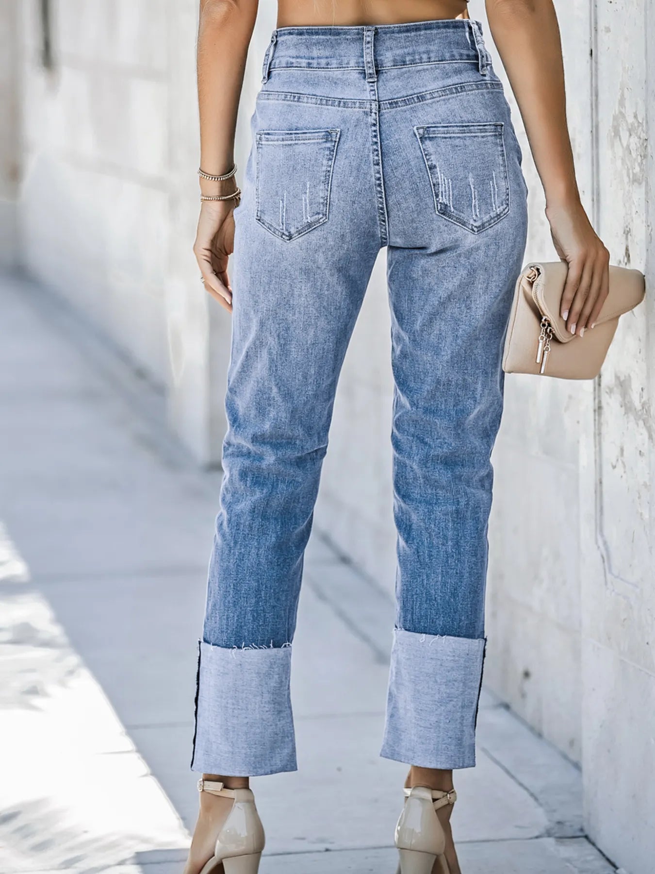 High Waist Distressed Straight Leg Jeans 
