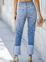 High Waist Distressed Straight Leg Jeans 