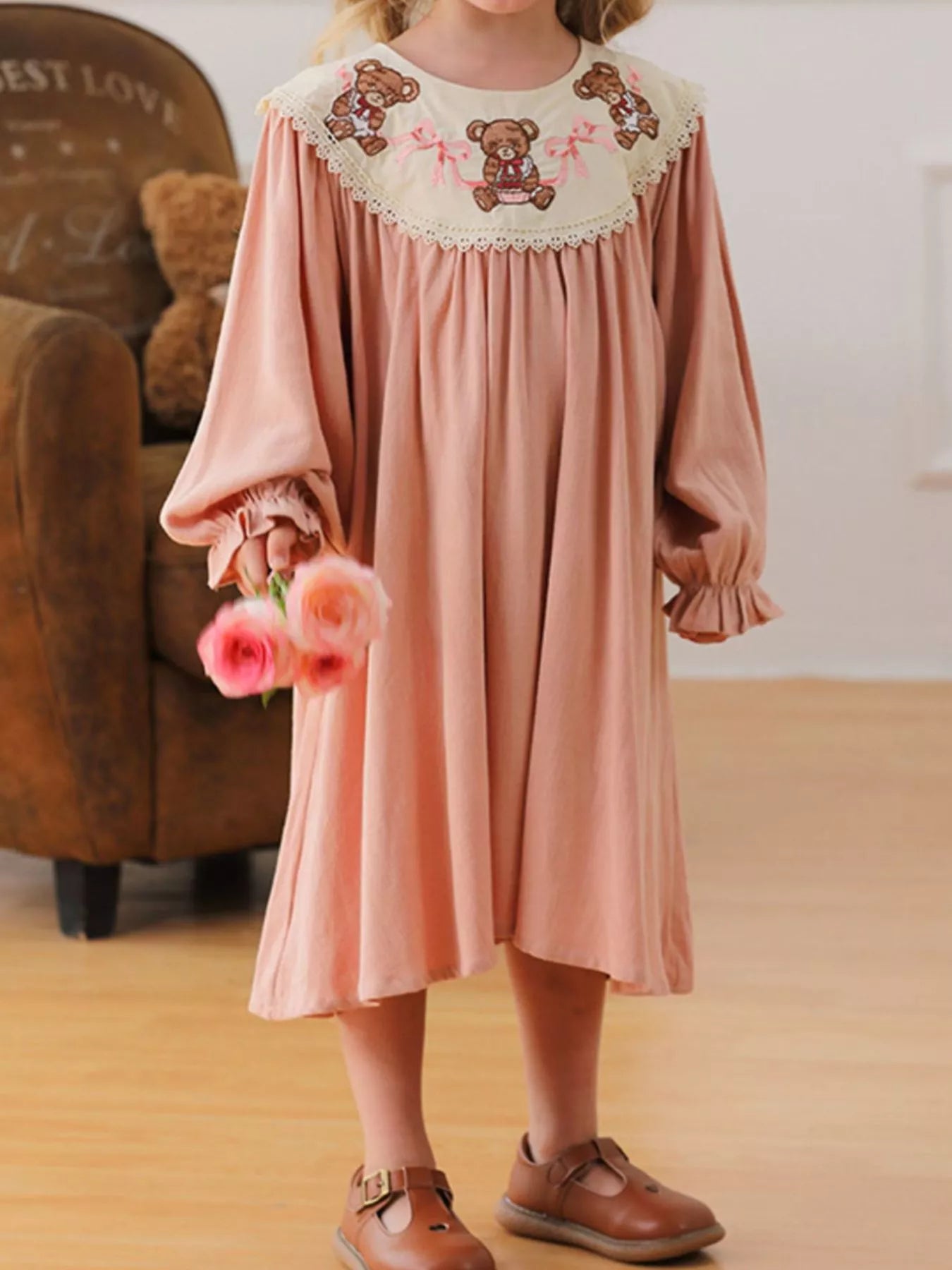 Children's Teddy Bear Embroidered Collar Long Sleeve Dress 