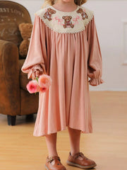 Children's Teddy Bear Embroidered Collar Long Sleeve Dress 