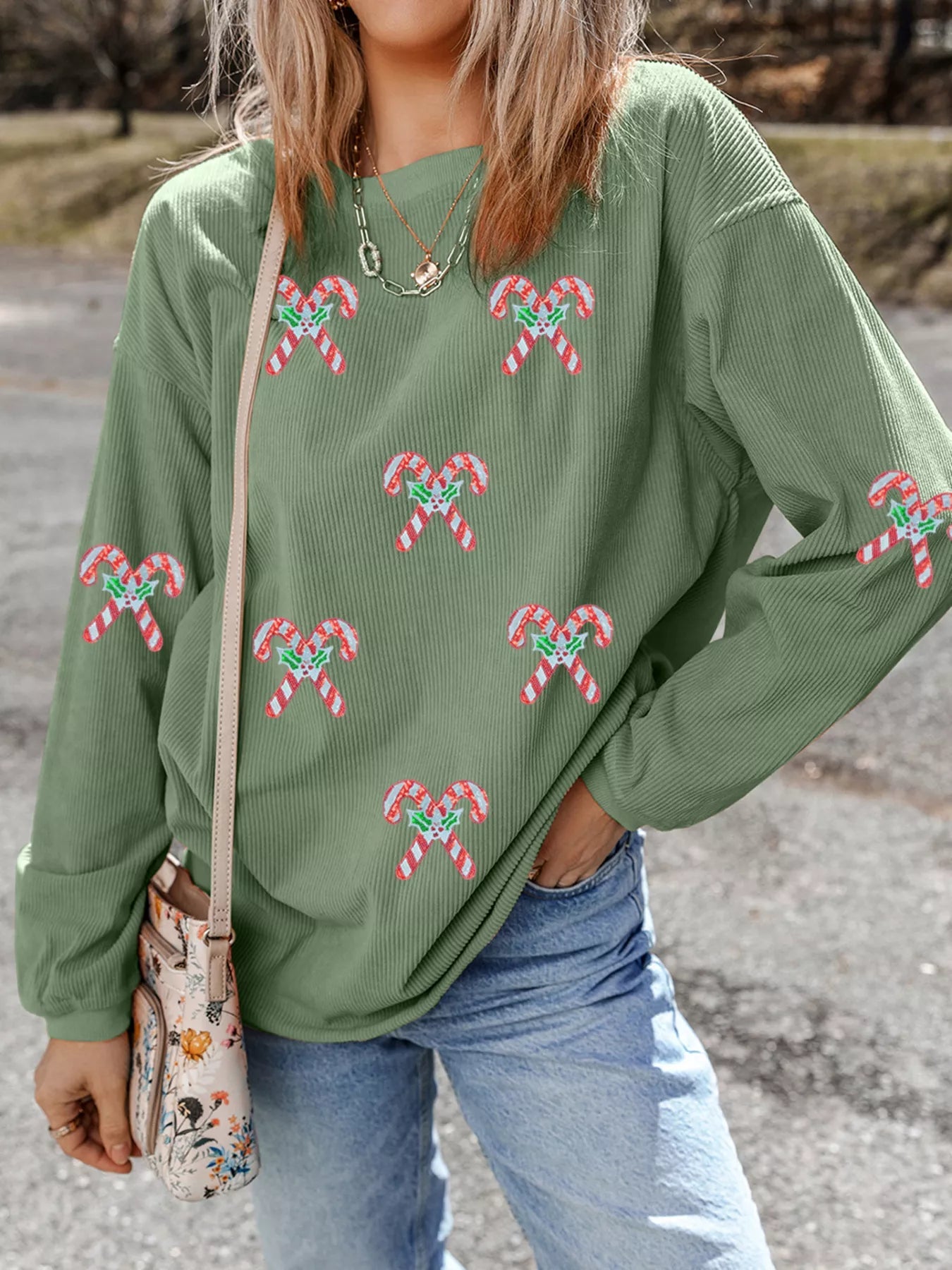 Candy Cane Shimmer Patched Corded Baggy Sweatshirt 