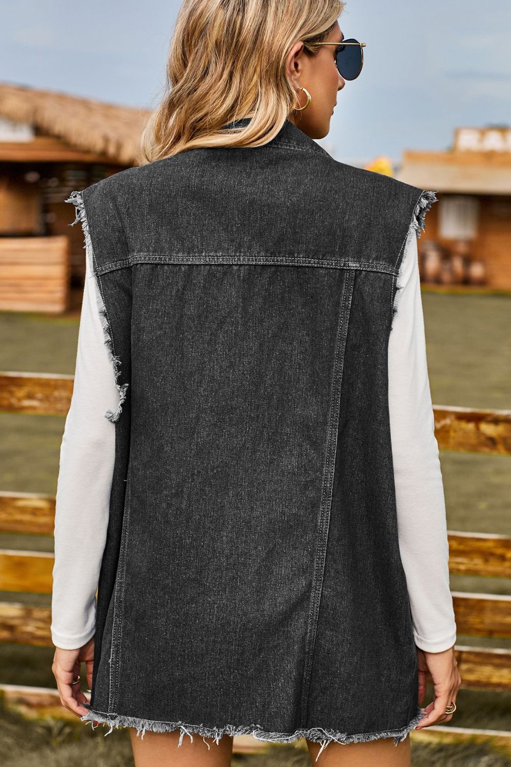Sleeveless Button-Up Collared Denim Top with Pockets 