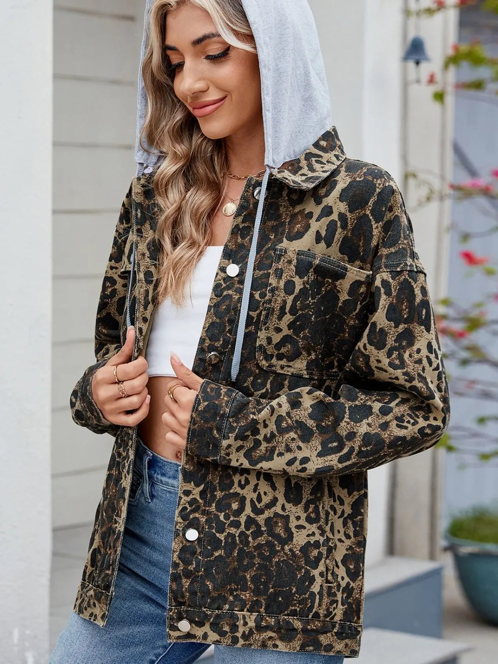 Pocketed Leopard Long Sleeve Denim Jacket 
