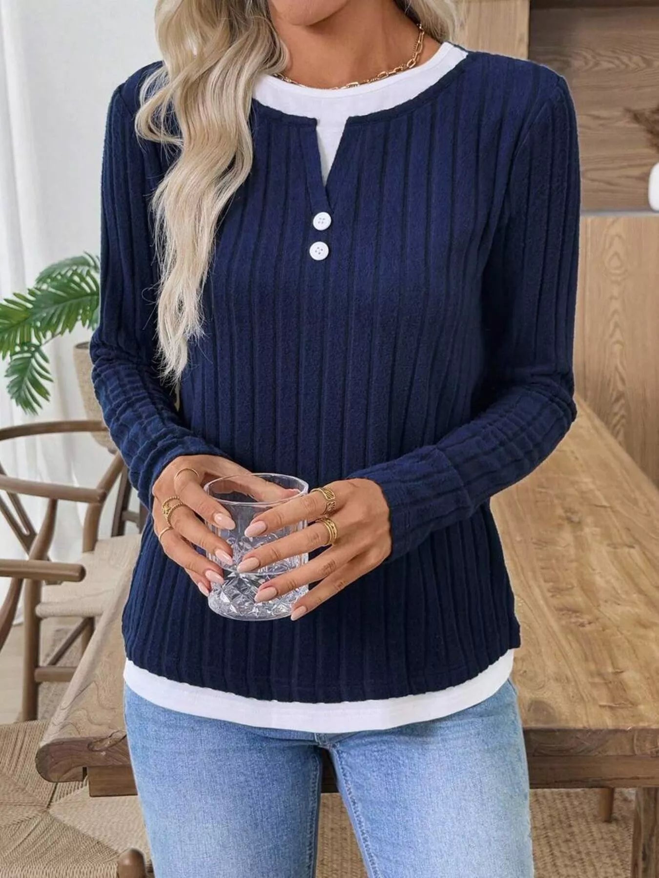 Ribbed Knit Button Detail Contrast Sweater 