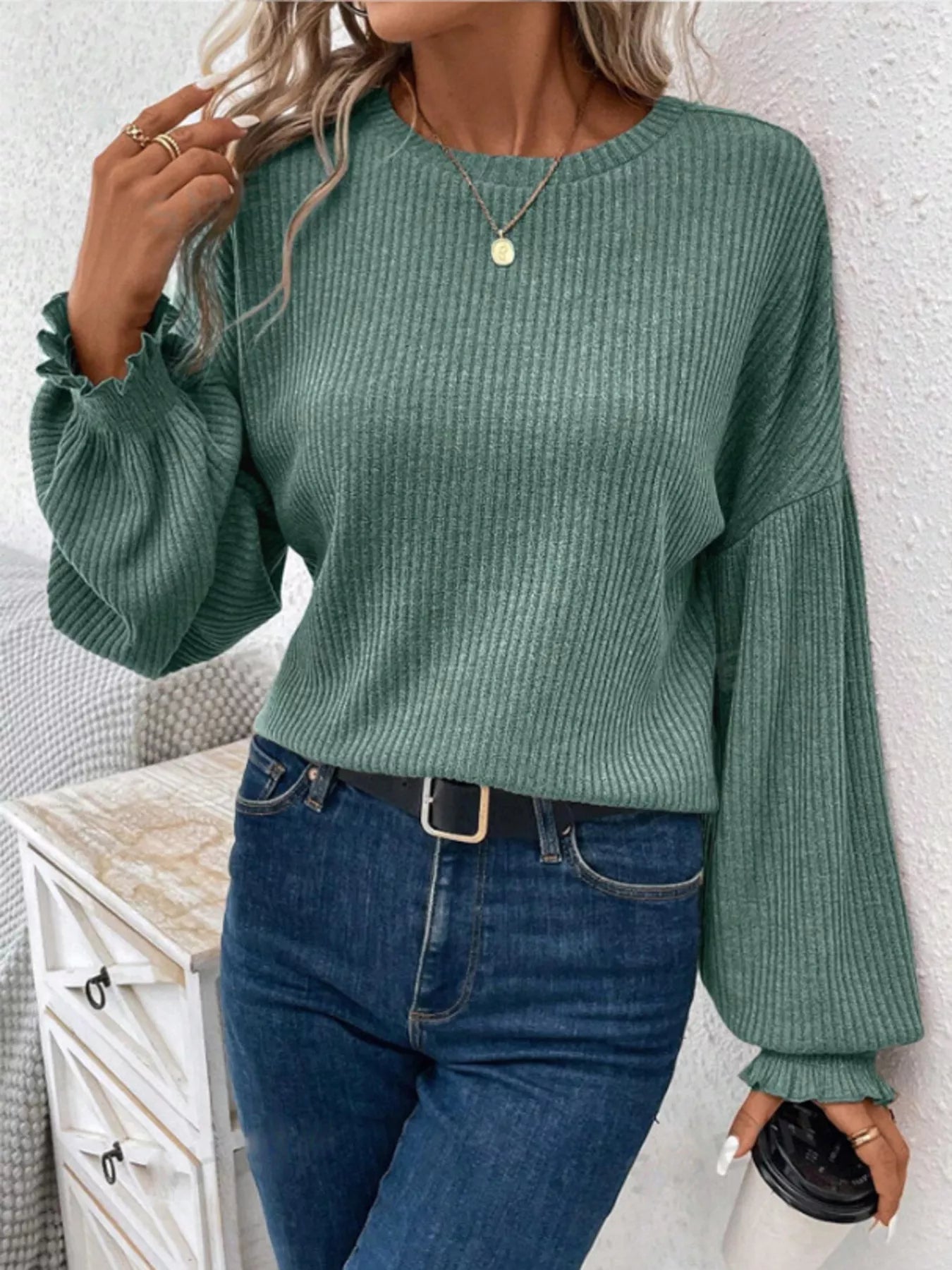 Ribbed Knit Long Sleeve T-Shirt 