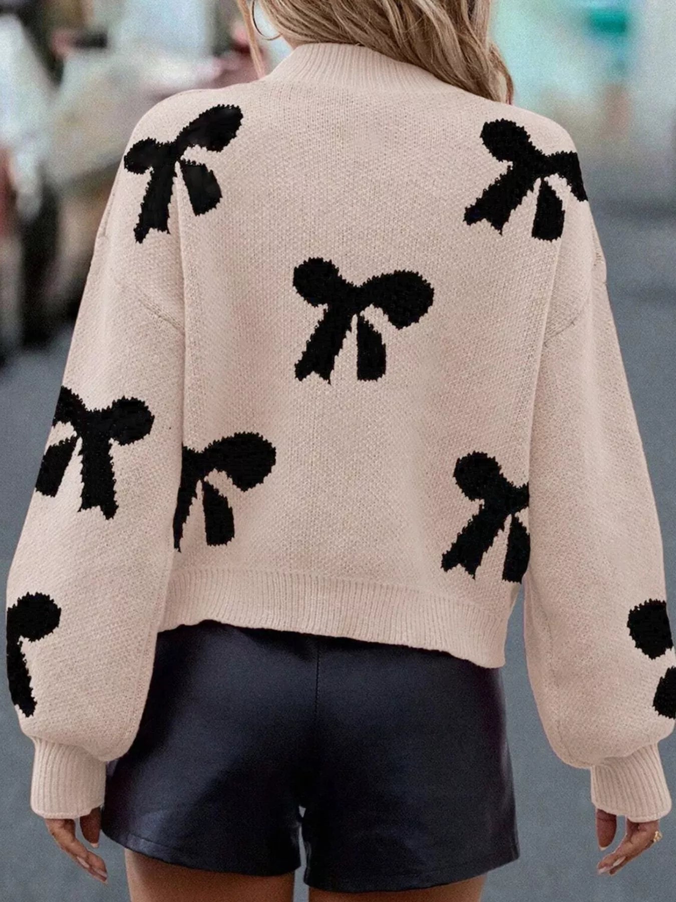 Pearl Embellished Bow Pattern Loose Sweater 
