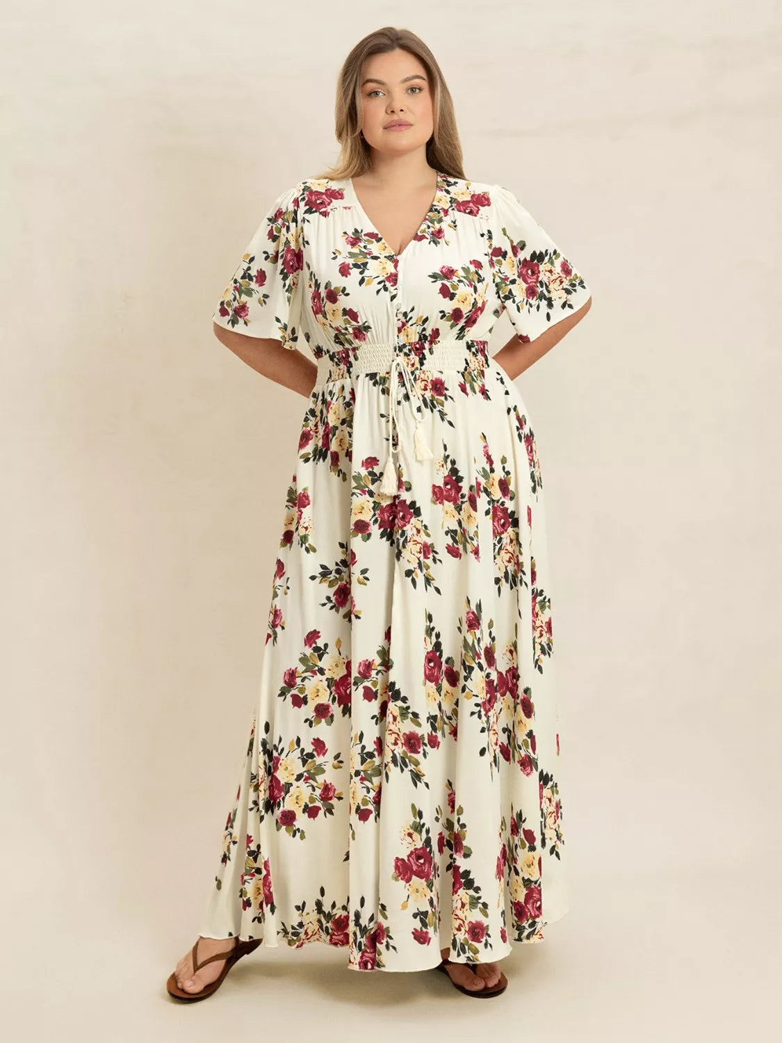 Plus Size Floral Flutter Sleeve Maxi Dress with Button Front 